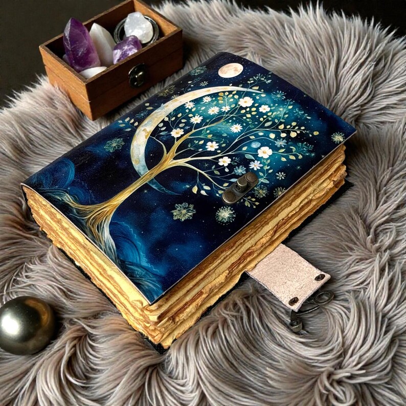 Leather Journal Vintage Moon Tree Forest Grimoire Blankspell Book of ...