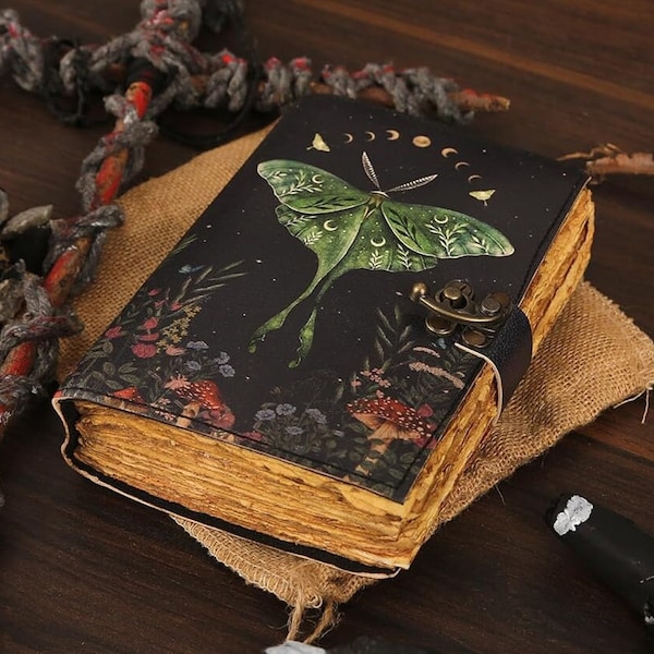 Blank Spell Book of Shadows Witchy Journal Grimoire Vintage Handmade Leather Luna Moths and Morpho Butterfly Print Witchcraft Supplies Gifts