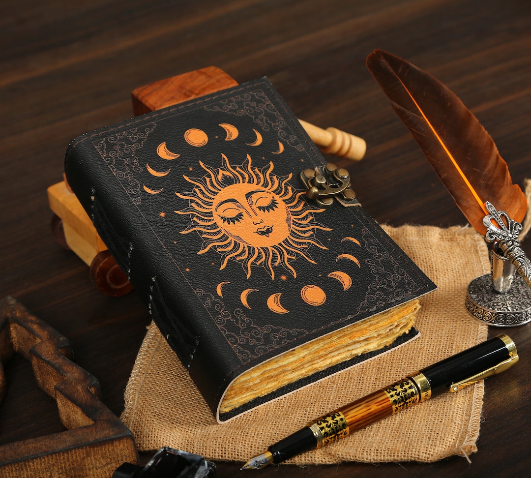 Sun & Moon Vintage Leather Journal Deckle Edge Paper, Spell Book of ...