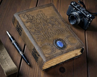 Embossed Leather Book of Shadows, Celtic Grimoire Journal, Lapis Lazuli Stone