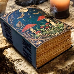 Diario de cuero con forma de hongo vintage de 400 páginas, grimorio grande, hecho a mano, con borde desbarbado, libro de hechizos de las sombras, para regalar.