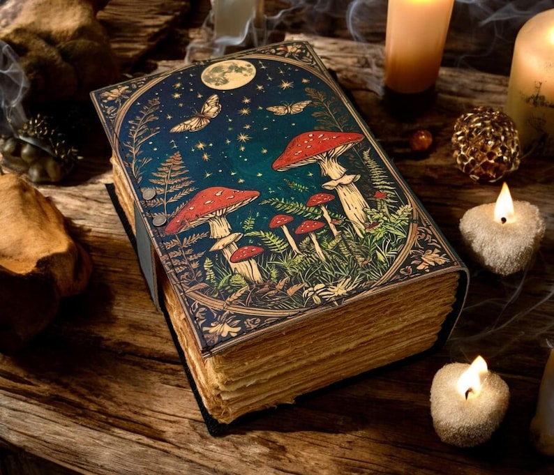 May include: A vintage-style, leather-bound journal with a dark green cover featuring a whimsical illustration of red mushrooms, stars, and a moon in a forest setting.