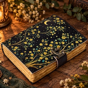May include: A rectangular journal with a black cover featuring a yellow crescent moon and yellow flowering tree branches. The book has thick, deckled-edge pages and is secured with a dark metal latch closure attached to a black strap on the side.