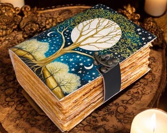 Celestial Tree of Life Leather Journal | Handmade Grimoire with Antique Lock