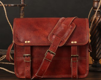 Personalized Leather Messenger Bag: Vintage Brown Crossbody Laptop Briefcase