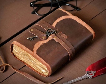 May include: A brown leather-bound journal with a key and a decorative metal charm attached to the strap. The journal has a worn, vintage look and is lying on a wooden surface.