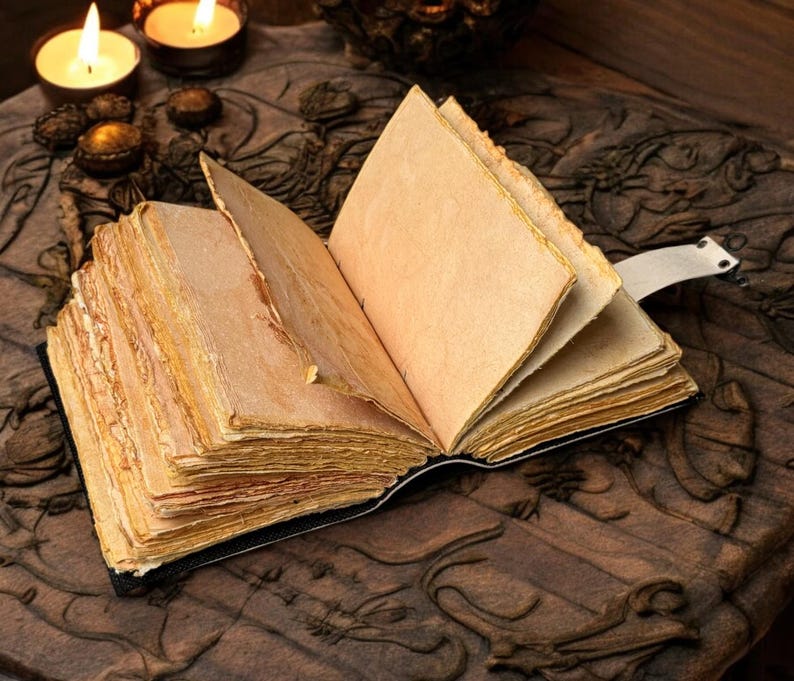 May include: An open, antique-style book with aged, yellowed pages. The book is bound in black and has a white ribbon bookmark. The pages have a rough, uneven edge. The book is on a carved wooden surface, with lit candles in the background.