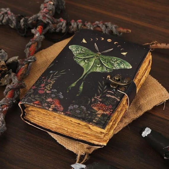 Luna Moth Leather Grimoire, Book of Shadows Journal, Handmade Witchcraft Spell Book, Vintage Deckle Edge Paper Leather Wiccan Notebook