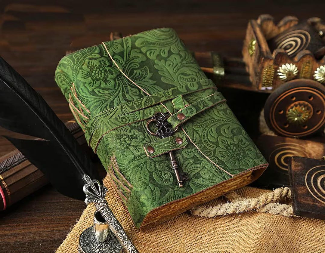 Handmade Green Leather Journal With Deckle Edge Paper, Antique Book of ...