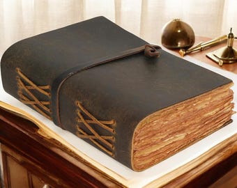 May include: A brown leather-bound journal with a worn, distressed look. The journal has a leather strap with a metal clasp and is closed. The journal is sitting on a wooden surface.