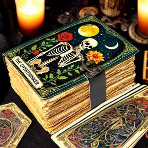 May include: A deck of aged pages bound with a black strap, featuring a decorative cover with a skeleton, flowers, and the text "THE OVERTHINKER." The image includes lit candles and tarot cards, suggesting a mystical theme.