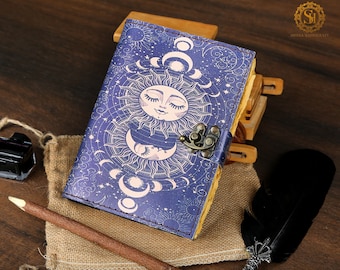 Sun & Moon Leather Journal with Lock Handmade Writing Notebook 400 Page Handmade Book of Shadows Large Book Spell book Magic Diary Gift
