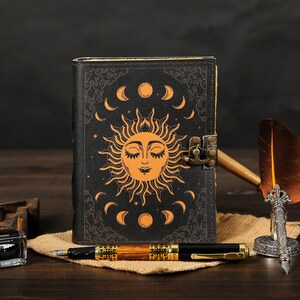 Sun & Moon Vintage Leather Journal • Deckle Edge Paper, Spell Book of ...