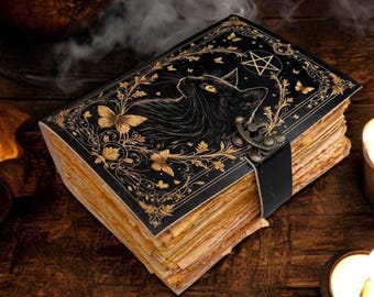 Leather Cat Grimoire Journal, Vintage Leather Cat Journal with Lock – Handmade journal, 400 Pages Antique Paper Notebook, Book of Shadows