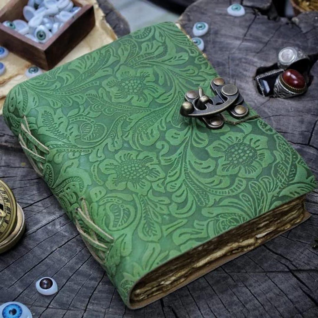 Handmade Green Leather Journal, Antique Deckle Edge Paper, Book of ...