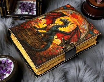 May include: A fantasy-themed journal with a dragon illustration on the cover. The dragon is depicted with black and green scales and red wings against a stained-glass style background. The journal has a clasp closure and aged-looking pages.