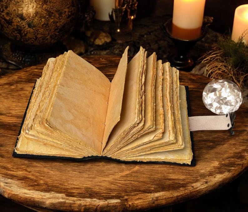 Puede incluir: Un libro antiguo abierto, con p&aacute;ginas amarillentas y envejecidas. El libro est&aacute; encuadernado en negro y descansa sobre una superficie de madera. Una bola de cristal y velas en el fondo crean un tema m&iacute;stico.