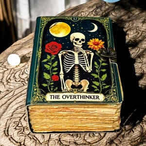 May include: A decorative book with a dark teal cover featuring a skeleton illustration under a moon and stars. The book is titled "THE OVERTHINKER" and has a clasp closure. The pages are aged and yellowed.