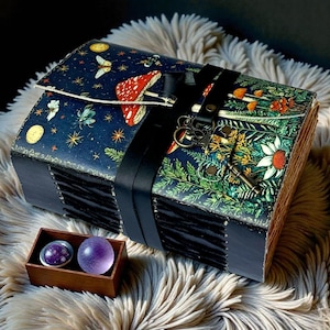 May include: A decorative journal with a dark blue cover featuring mushrooms, butterflies, and stars. The journal is secured with a black leather strap and a decorative clasp. A small wooden box holds two purple crystal spheres.