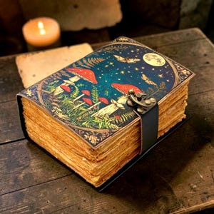 Pilzleder-Notizbuch mit Schloss, handgefertigtes Grimoire-Notizbuch, Vintage-Waldtagebuch, Cottagecore-Geschenk, Hexentagebuch, Geschenk für Naturliebhaber