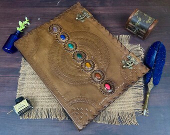 Embossed Leather Journal: Seven Stone Chakra Book of Shadows