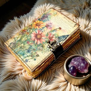 May include: A vintage-style journal with a floral design featuring sunflowers and butterflies. The journal has a black leather strap closure and aged paper pages. A small metal container holds purple amethyst crystals, adding a touch of elegance.