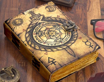 Dragon Leather Journal with Lock: Handmade Writing Notebook 400 Page Handmade Book of Shadows, Large Book Spell book, Magic Diary Gift
