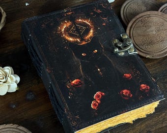 Cat Printed Leather Journal, Antique Handmade Deckle Edge Paper