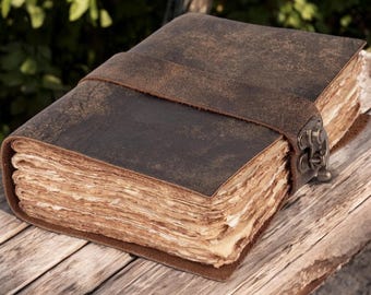 Leather Bound Vintage Journal for Women & Men Book of Shadows Lock Closure 200 Pages of Antique Deckle Edges Handmade Paper Rustic Brown