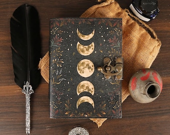 Moon Phase Vintage Leather Journal Book of Shadows for Men & Women 200 Pages of Antique Handmade Deckle Edge Paper, Drawing, Great Gift