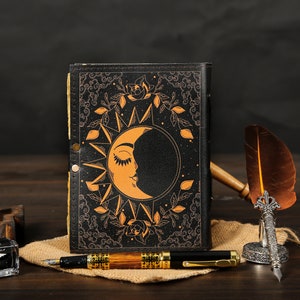 Sun & Moon Vintage Leather Journal • Deckle Edge Paper, Spell Book of ...
