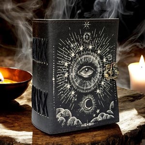Puede incluir: Diario de cuero negro con un dise&ntilde;o celestial. La portada presenta un s&iacute;mbolo de ojo central rodeado de l&iacute;neas radiantes, estrellas y una luna creciente. El diario tiene un cierre de metal y costuras decorativas a lo largo del lomo.