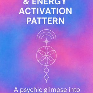 Może przedstawiać: Grafika „Aura Drawing & Energy Activation Pattern” na różowo-niebieskim gradientowym tle. Projekt zawiera geometryczne kształty i tekst: „A psychic glimpse into your aura and energy field”.