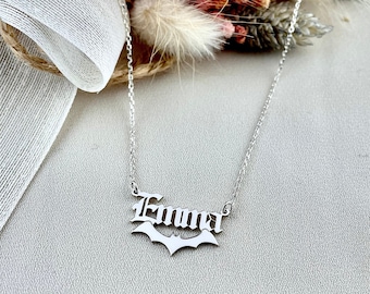 Bat Name Necklace, Personalized Bat Jewelry, Pesonalized Gifts,  925 Sterling Silver Personalized Vampire Name Necklace, Halloween Gift