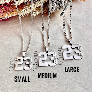 May include: Three silver necklaces with a pendant of the number 23 with the word "JORDAN" inscribed on the pendant. The necklaces are labelled "SMALL" (3.7 cm), "MEDIUM" (4.2 cm), and "LARGE" (4.7 cm).