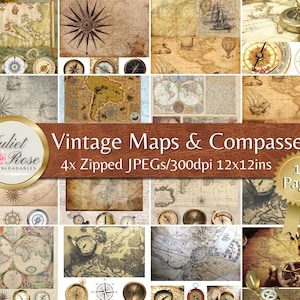 Vintage Karten und Kompasse. Steampunk Ephemera. Ideal für alle Scrapbooking, Decoupage, Collage, Junk Journals und alle Bastelprojekte