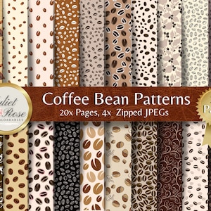 Op de afbeelding: Een set van 20 digitale papierpatronen met koffiebonen in verschillende kleuren en ontwerpen. De patronen zijn perfect voor scrapbooking, kaartmaken en andere knutselprojecten. De tekst op de afbeelding luidt "Coffee Bean Patterns 20x Pages, 4x Zipped JPEGs".