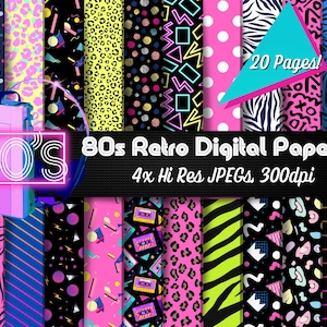 Retro Papier - Vintage 80er Jahre Muster zum Downloaden. Perfekt für Scrapbooks, Bastelprojekte, Junk Journals, Layouts, Wallpaper, Collage, Fine Art