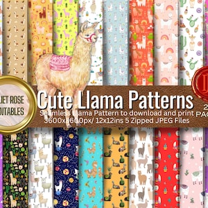 May include: A set of 20 digital paper patterns featuring cute llamas in various poses and designs. The patterns are seamless and come in a variety of colors, including pink, blue, green, yellow, and orange. The patterns are perfect for crafting, scrapbooking, and other creative projects.