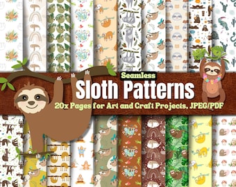 Sloth Seamless Patterns - Scrapbook Paper, Collage, Backgrounds (Digital Download)