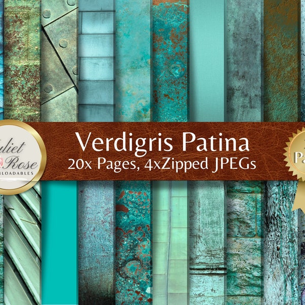 Verdigris Patina -  Oxidised Copper Blue Green Natural Pigment Backgrounds for Scrapbooking, Junk Journals, Decoupage, Collage, Papercrafts