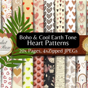 Motifs de cœur dans des tons de terre boho cool - Parfait pour les cartes, les journaux, les arrière-plans, les invitations, les fiançailles, les valentins, les albums, l’artisanat
