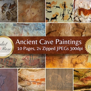 Puede incluir: Un collage de 10 imágenes de pinturas rupestres antiguas que representan animales y figuras humanas. Las imágenes están en varios tonos de marrón, rojo y negro. El texto "Ancient Cave Paintings" y "10 Pages, 2x Zipped JPEGs 300dpi" se muestra sobre un fondo de cuero marrón.