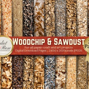 Puede incluir: 20 páginas de papel digital con virutas de madera y aserrín en varios colores y texturas. Las páginas son de 2454 x 2020 píxeles y son ideales para proyectos de manualidades y arte.