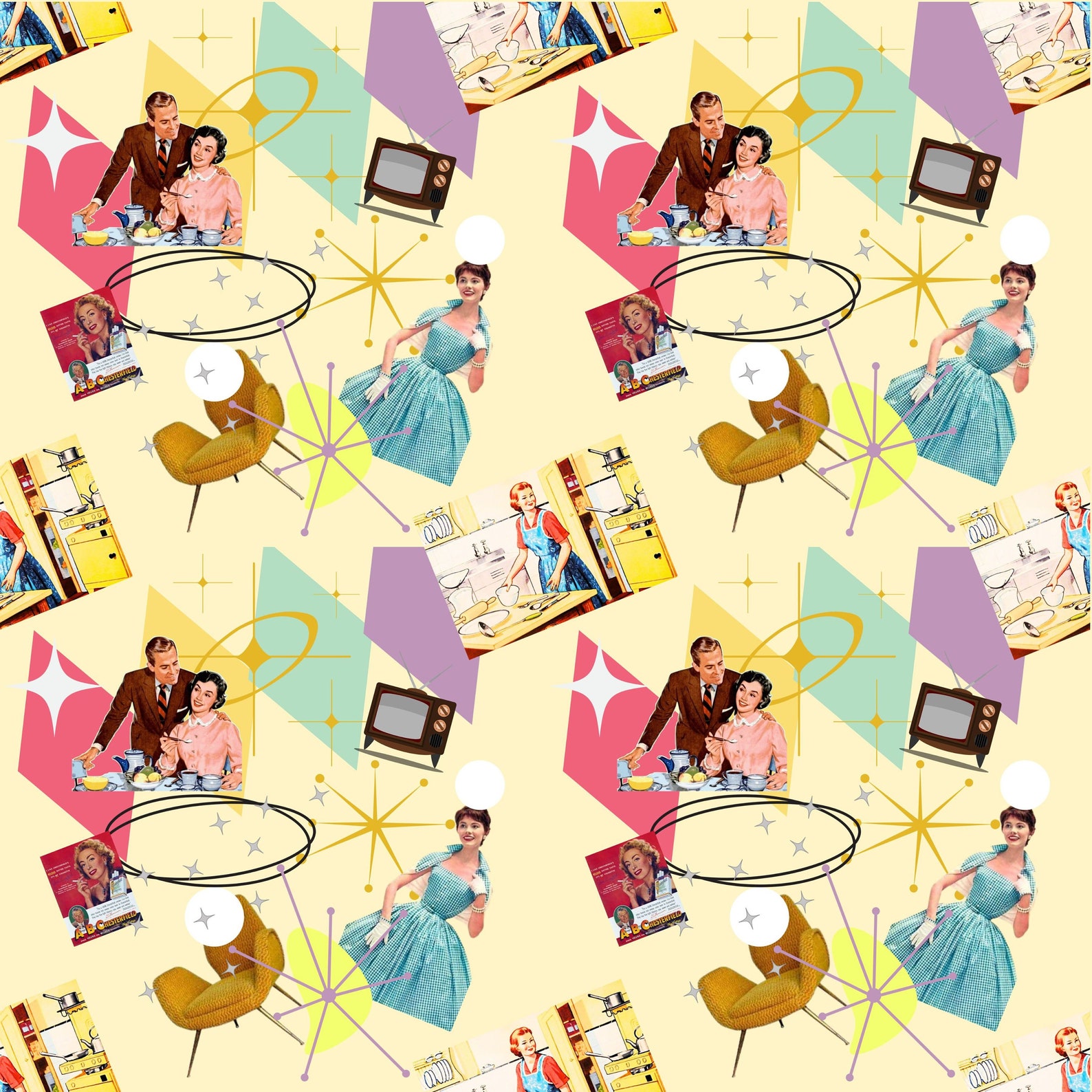 1950s Vintage Wallpaper Patterns, Retro Seamless Designs (digital ...