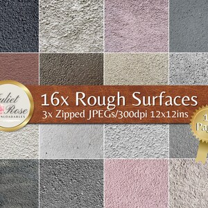 May include: 16 digital papers with rough textured surfaces in various shades of gray, brown, pink, and white. The papers are 12x12 inches and 300 dpi. The papers are zipped into 3 folders.