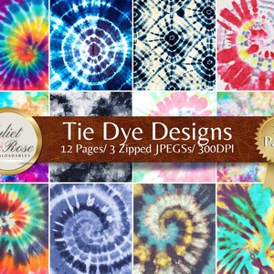 Peut inclure: Un téléchargement numérique présentant douze motifs tie-dye dans diverses couleurs et motifs. Les motifs comprennent des motifs en spirale et géométriques dans des tons de bleu, de rouge, de jaune et de vert. Le texte "Tie Dye Designs" et "12 Pages" est inclus.