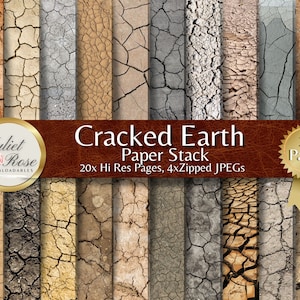 May include: A digital paper pack of 20 high-resolution images featuring cracked earth textures in various shades of brown, gray, and beige. The pack is titled "Cracked Earth Paper Stack" and includes 20 pages, 4 zipped JPEGs.