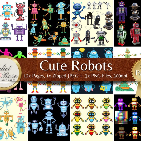 Cute Robots - 12 Pages, 98 Bots! JPEG and PNG Files For Journals, Scrapbooks, Stickers, Wallpapers, Collage, Decoupage, Robot Stickers