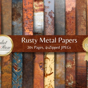 May include: A set of 20 digital papers featuring rusty metal textures in various shades of brown, orange, and grey. The papers are perfect for scrapbooking, digital design, and other creative projects.
